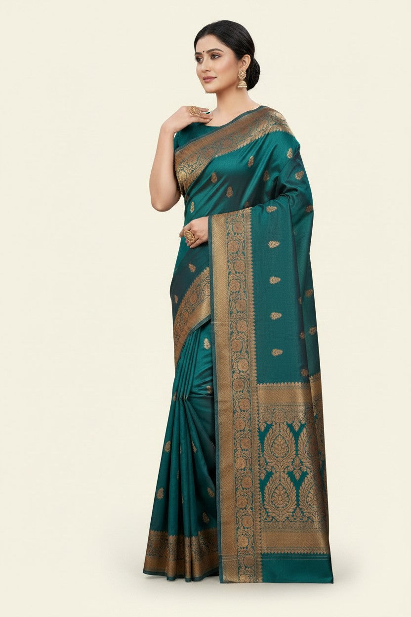 Handcrafted Pure Silk Katan South Indian Woven Silk Saree - View 2 | Rangoli