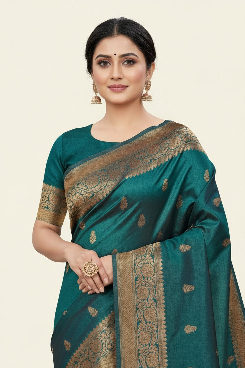Handcrafted Pure Silk Katan South Indian Woven Silk Saree - Peacock Blue | Rangoli