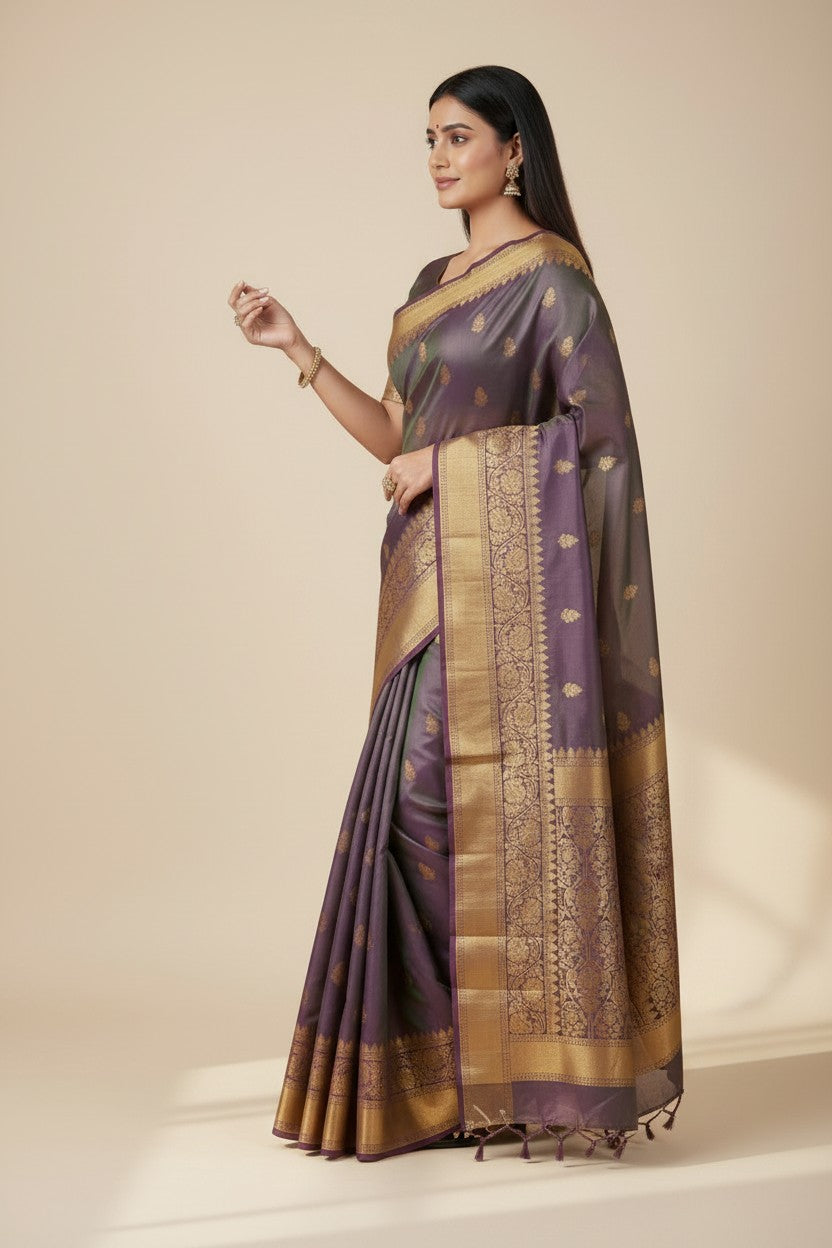 Handcrafted Pure Silk Katan South Indian Woven Silk Saree - Purple | Rangoli