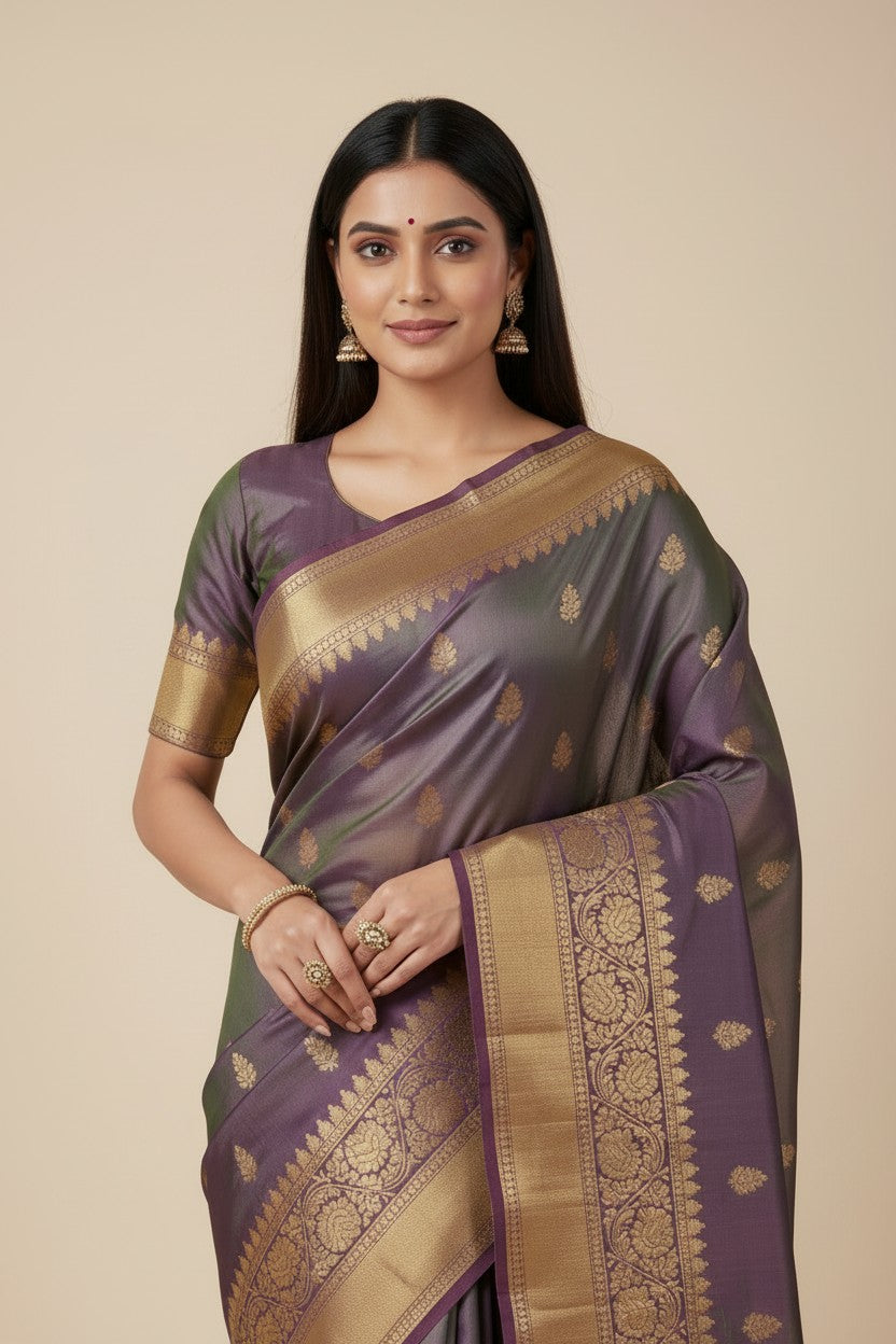Handcrafted Pure Silk Katan South Indian Woven Silk Saree - View 6 | Rangoli