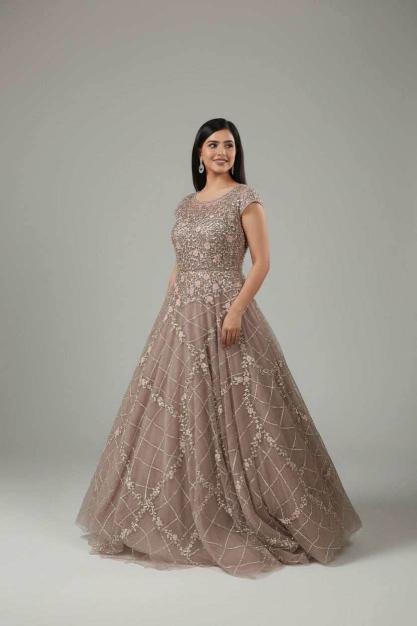 Premium Embroidered Net Suit Gown - View 2 | Rangoli