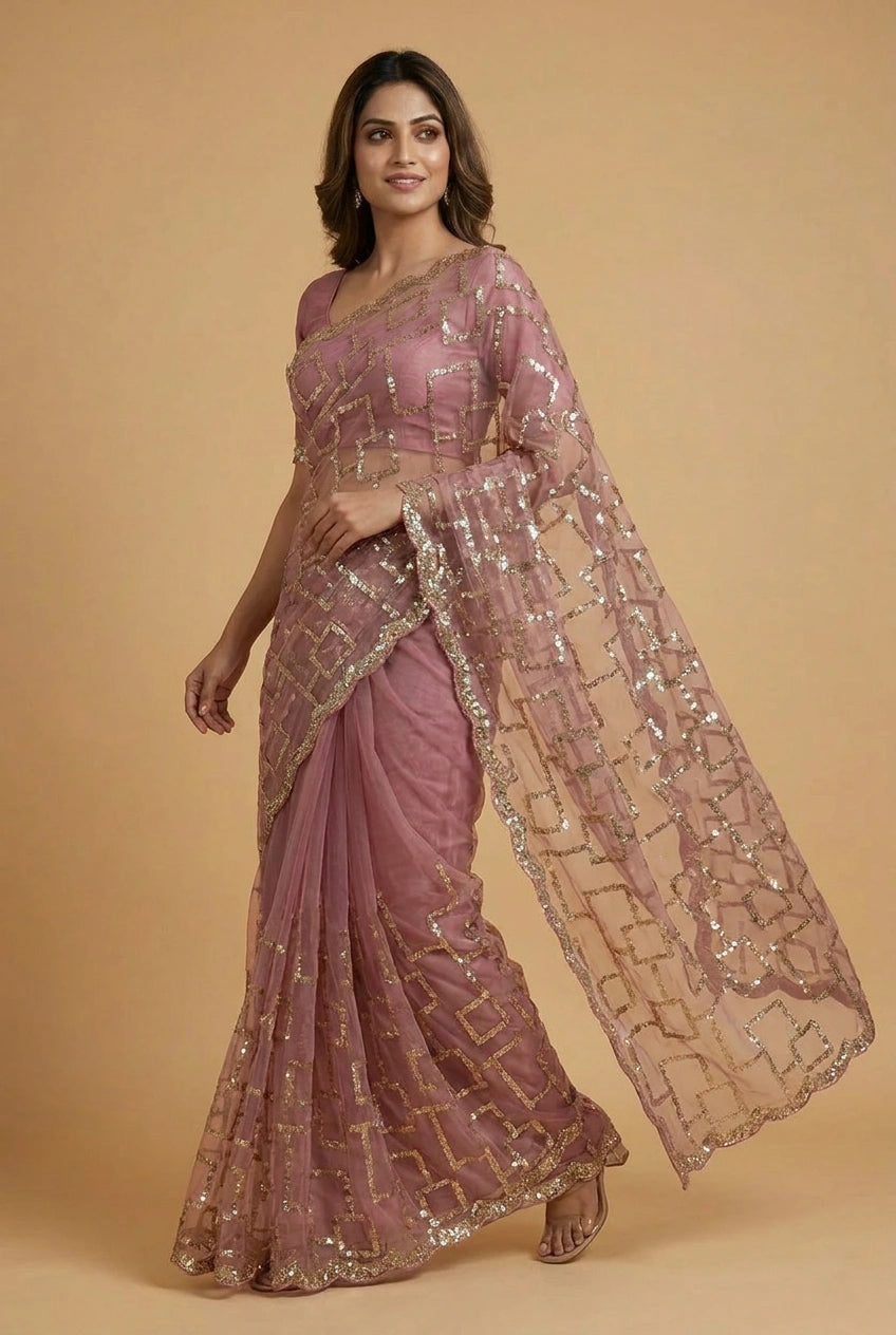 Mehendi Net Embroidered Saree for Wedding and Sangeet