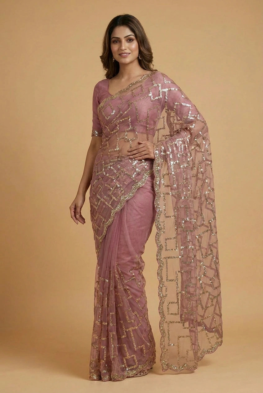 Mehendi Net Embroidered Saree for Wedding and Sangeet