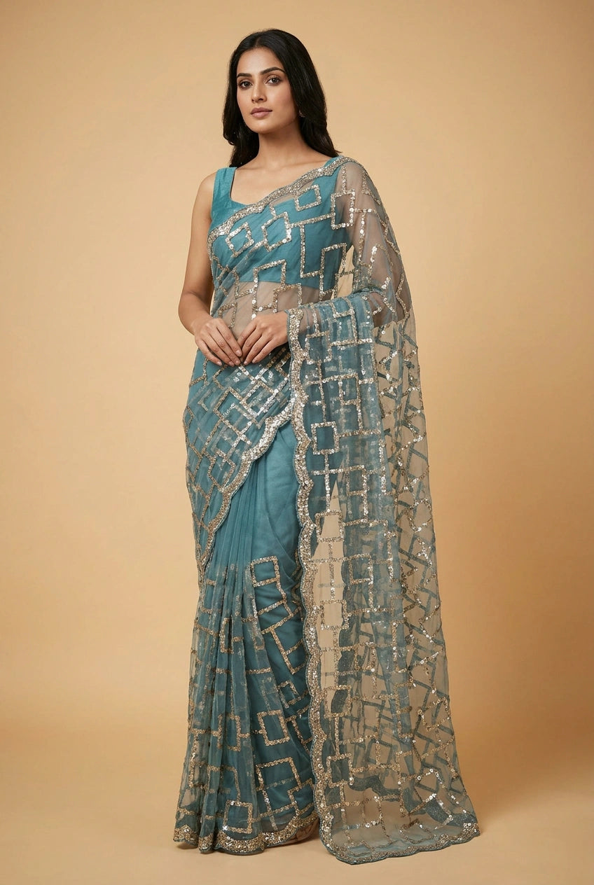 Mehendi Net Embroidered Saree for Wedding and Sangeet