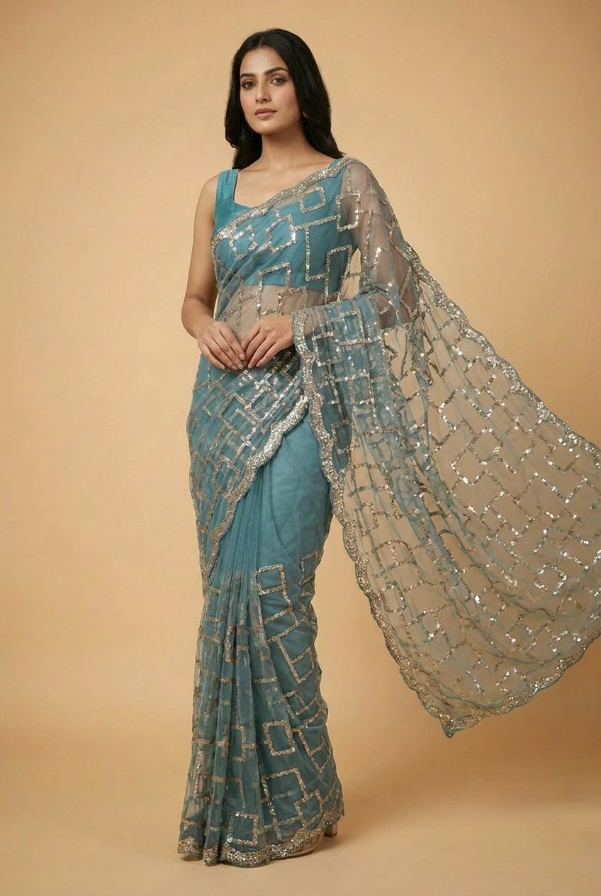 Mehendi Net Embroidered Saree for Wedding and Sangeet