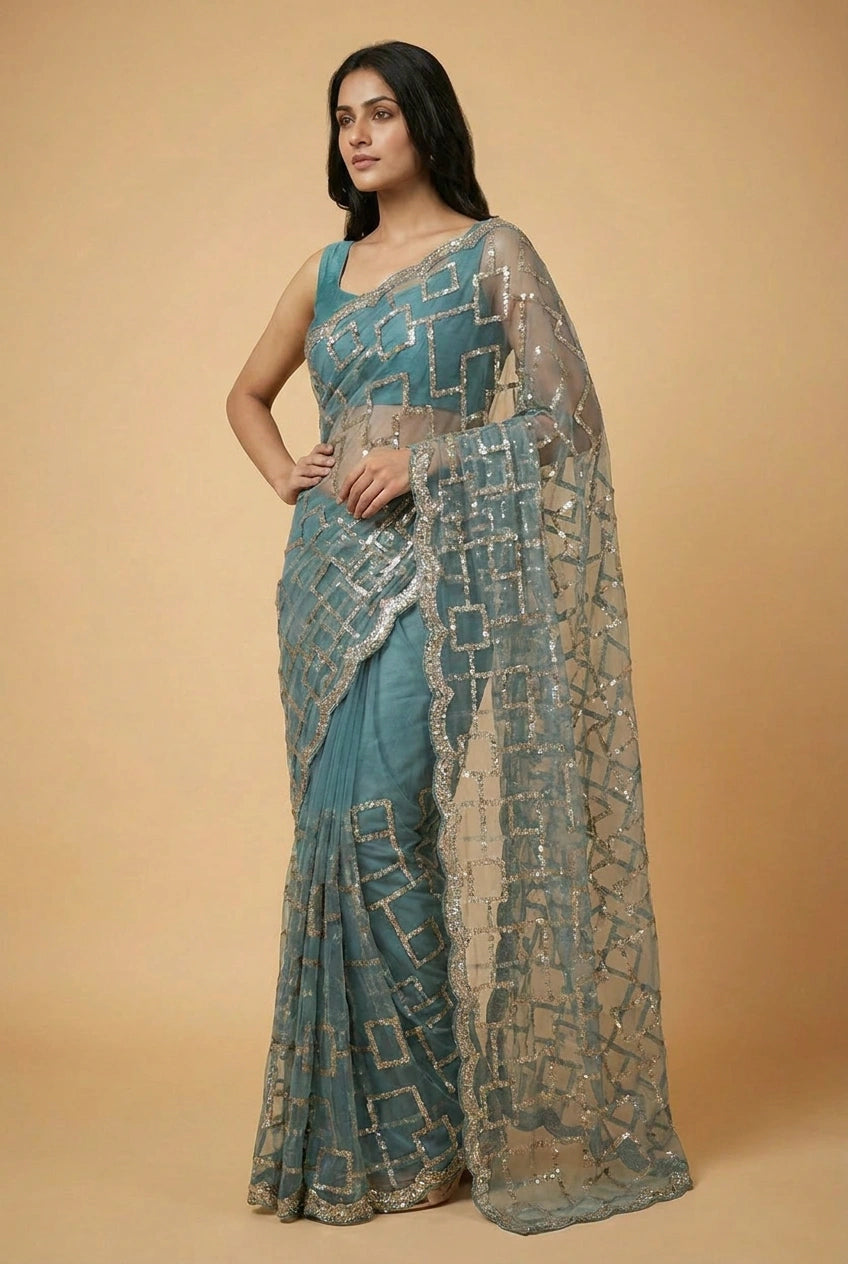 Mehendi Net Embroidered Saree for Wedding and Sangeet