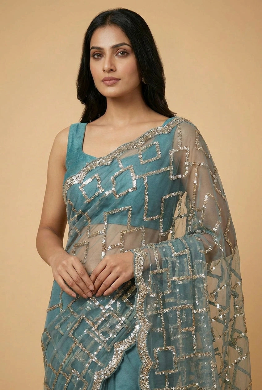 Mehendi Net Embroidered Saree for Wedding and Sangeet