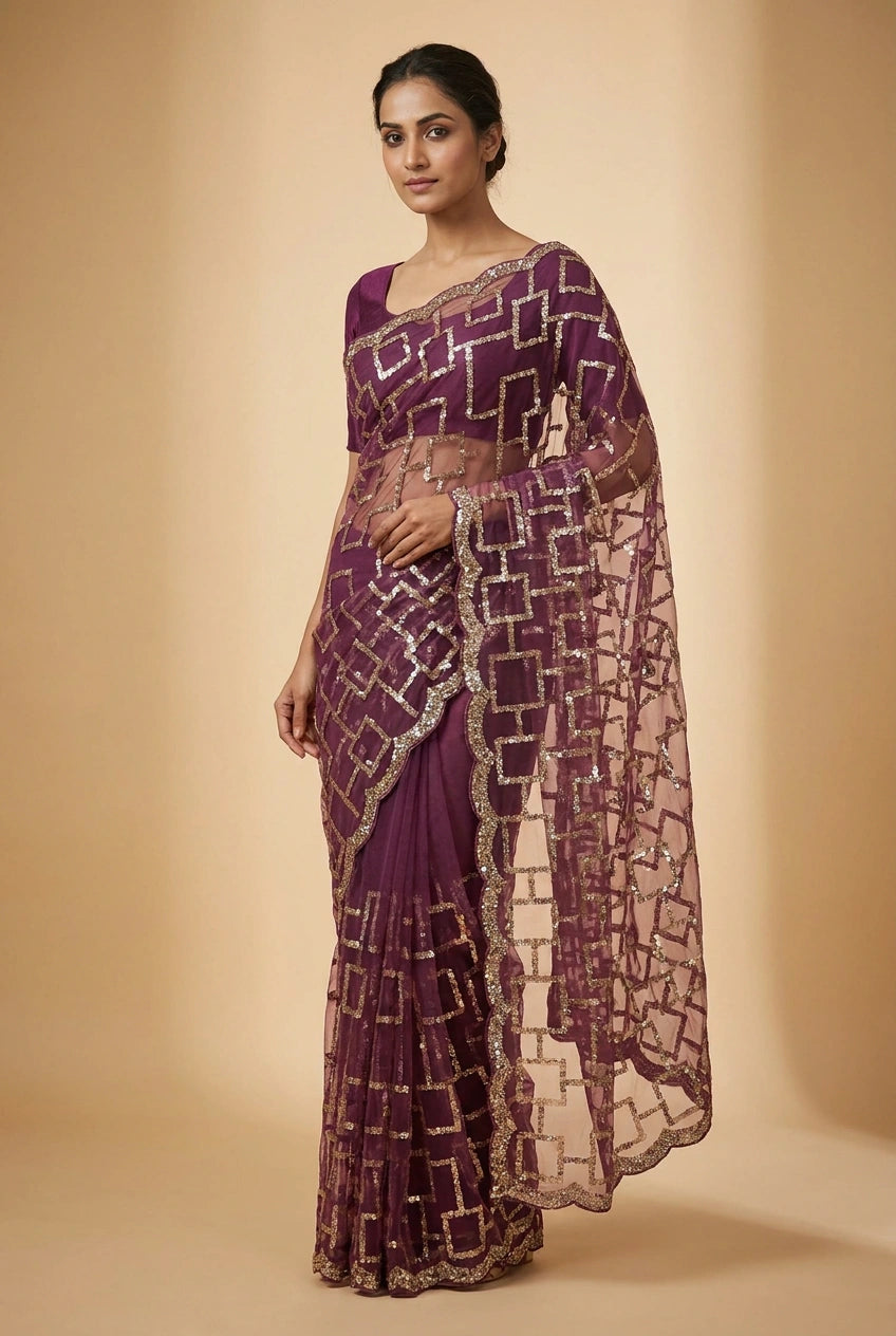 Mehendi Net Embroidered Saree for Wedding and Sangeet