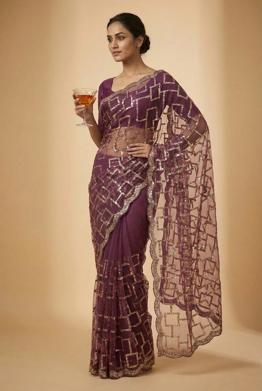 Mehendi Net Embroidered Saree for Wedding and Sangeet