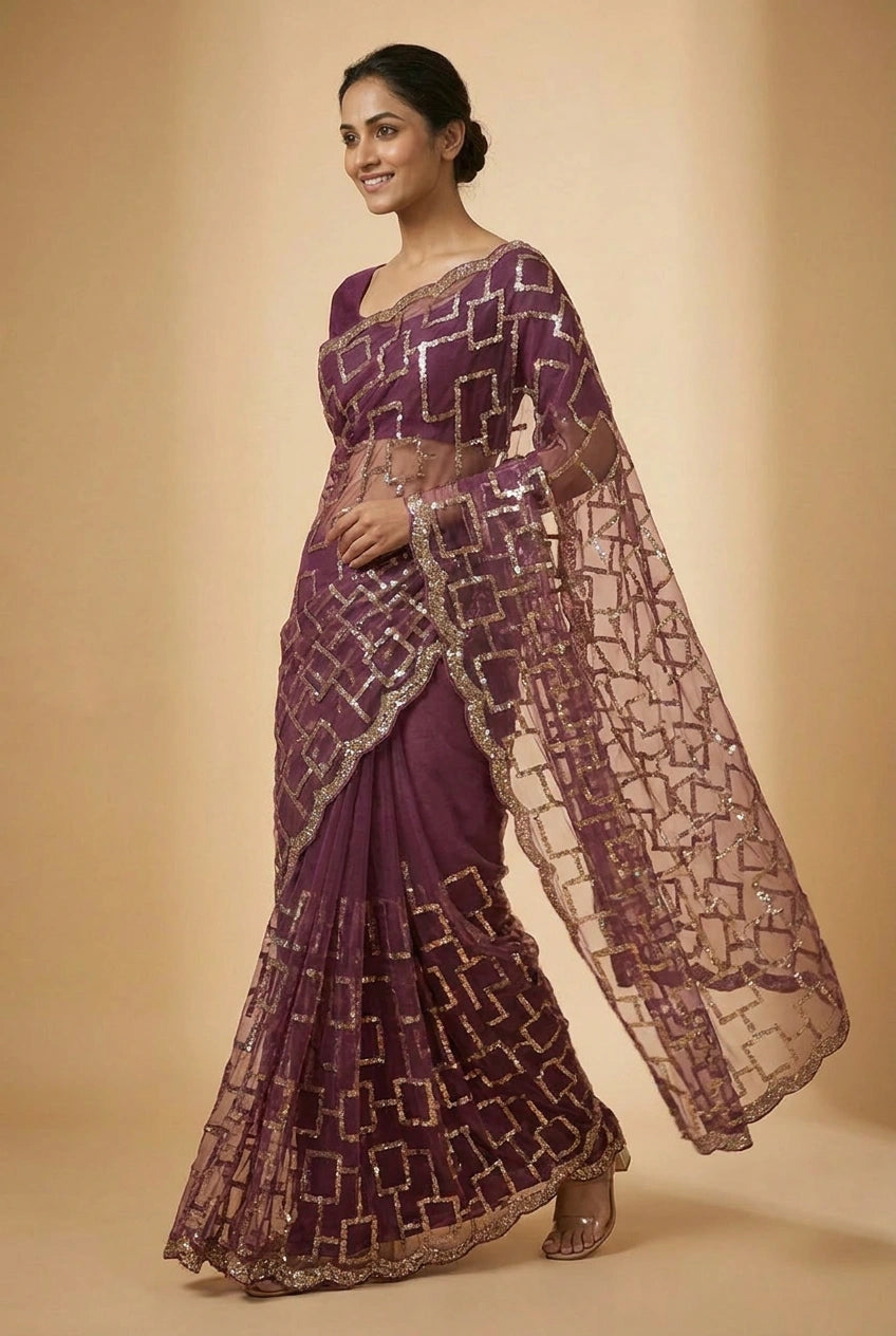 Mehendi Net Embroidered Saree for Wedding and Sangeet