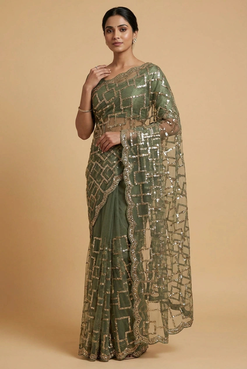 Mehendi Net Embroidered Saree for Wedding and Sangeet