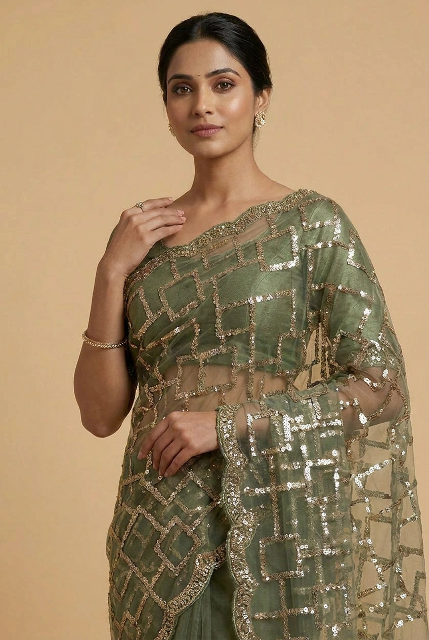 Mehendi Net Embroidered Saree for Wedding and Sangeet