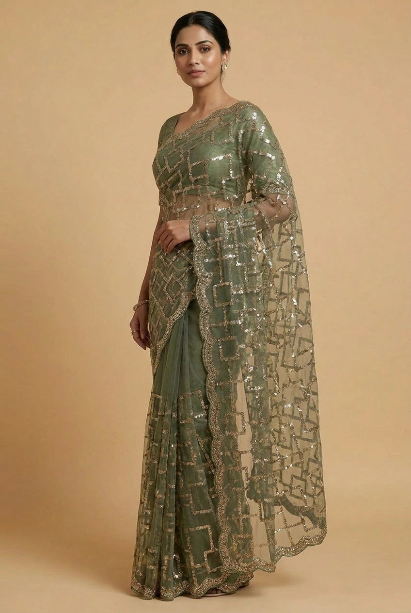 Mehendi Net Embroidered Saree for Wedding and Sangeet