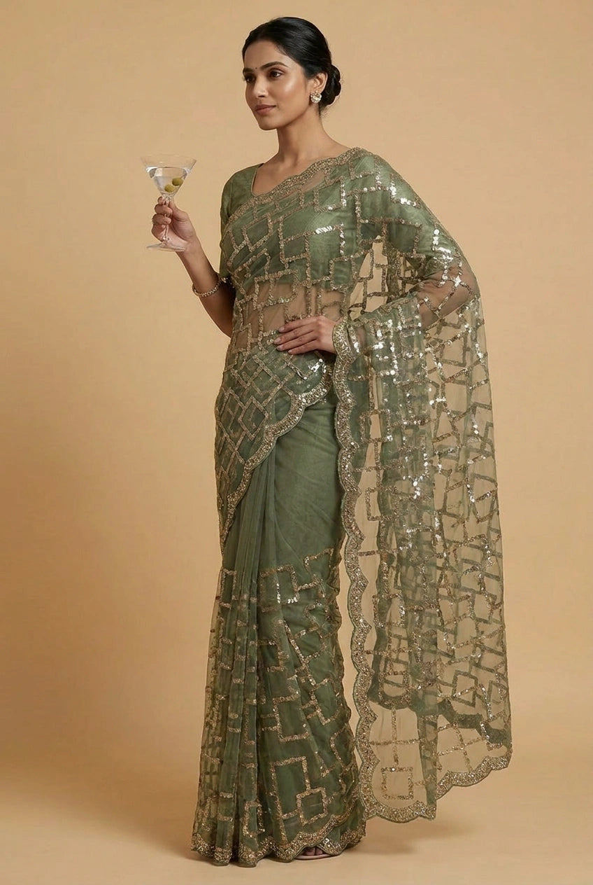 Mehendi Net Embroidered Saree for Wedding and Sangeet