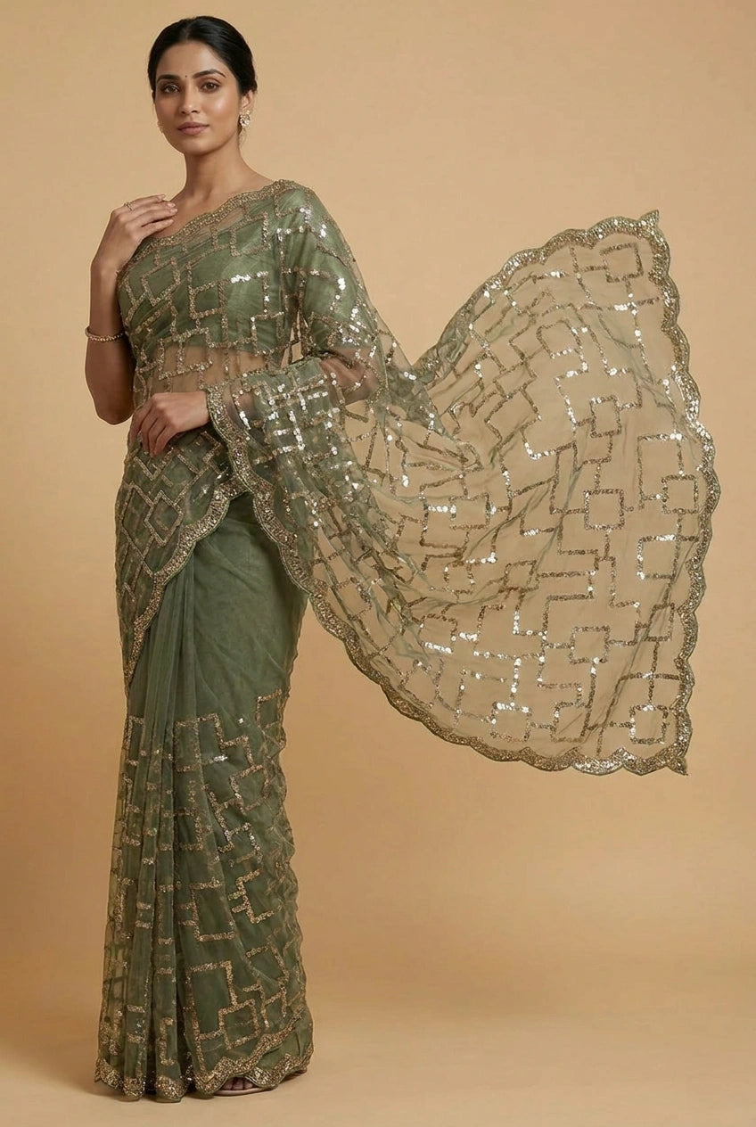 Mehendi Net Embroidered Saree for Wedding and Sangeet