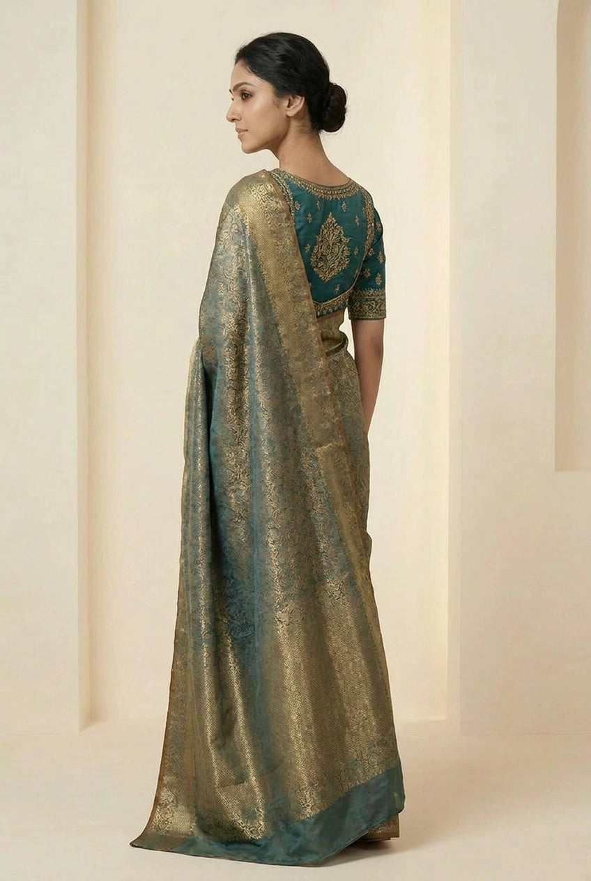 Firozi Blue Tissue South Saree with Tissue Zari for Festive Wear