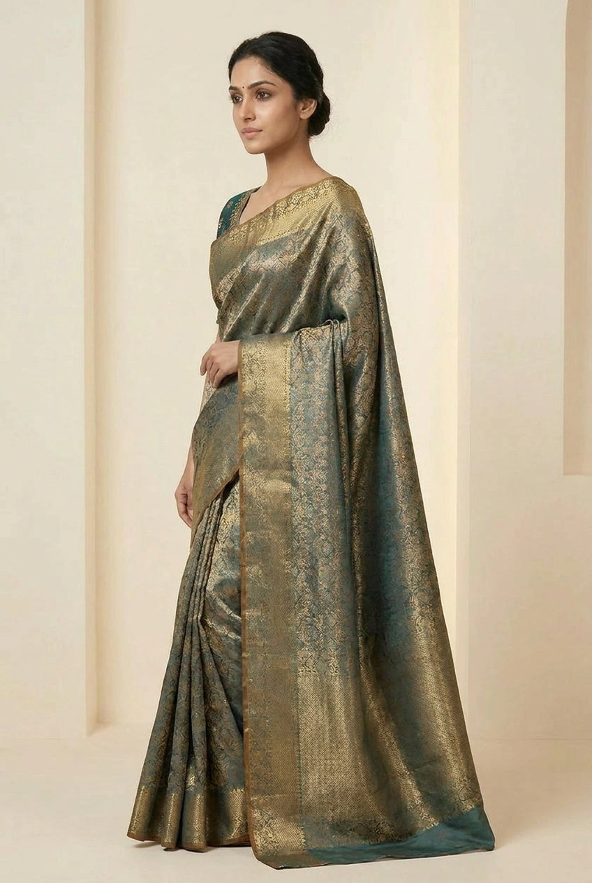 Firozi Blue Tissue South Saree with Tissue Zari for Festive Wear