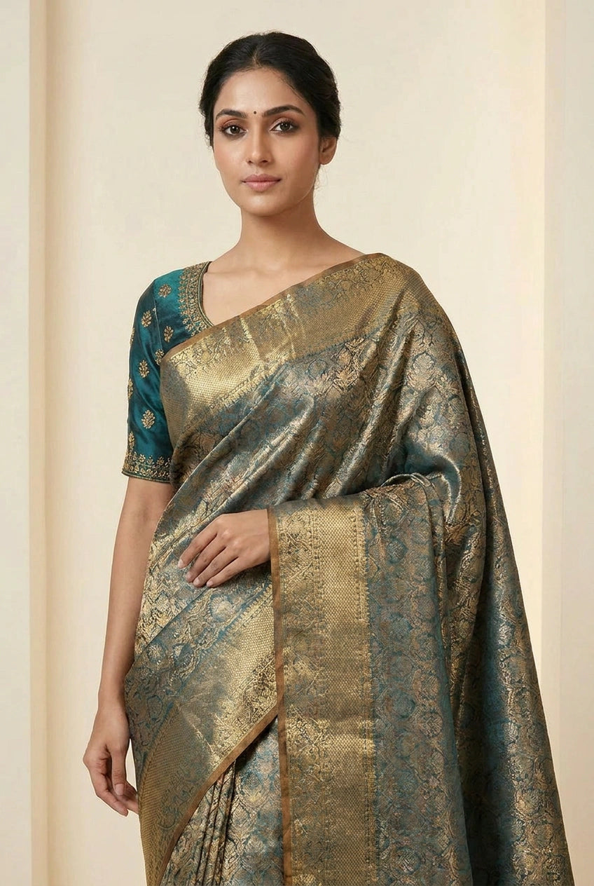 Firozi Blue Tissue South Saree with Tissue Zari for Festive Wear