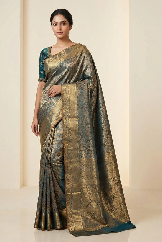 Firozi Blue Tissue South Saree with Tissue Zari for Festive Wear