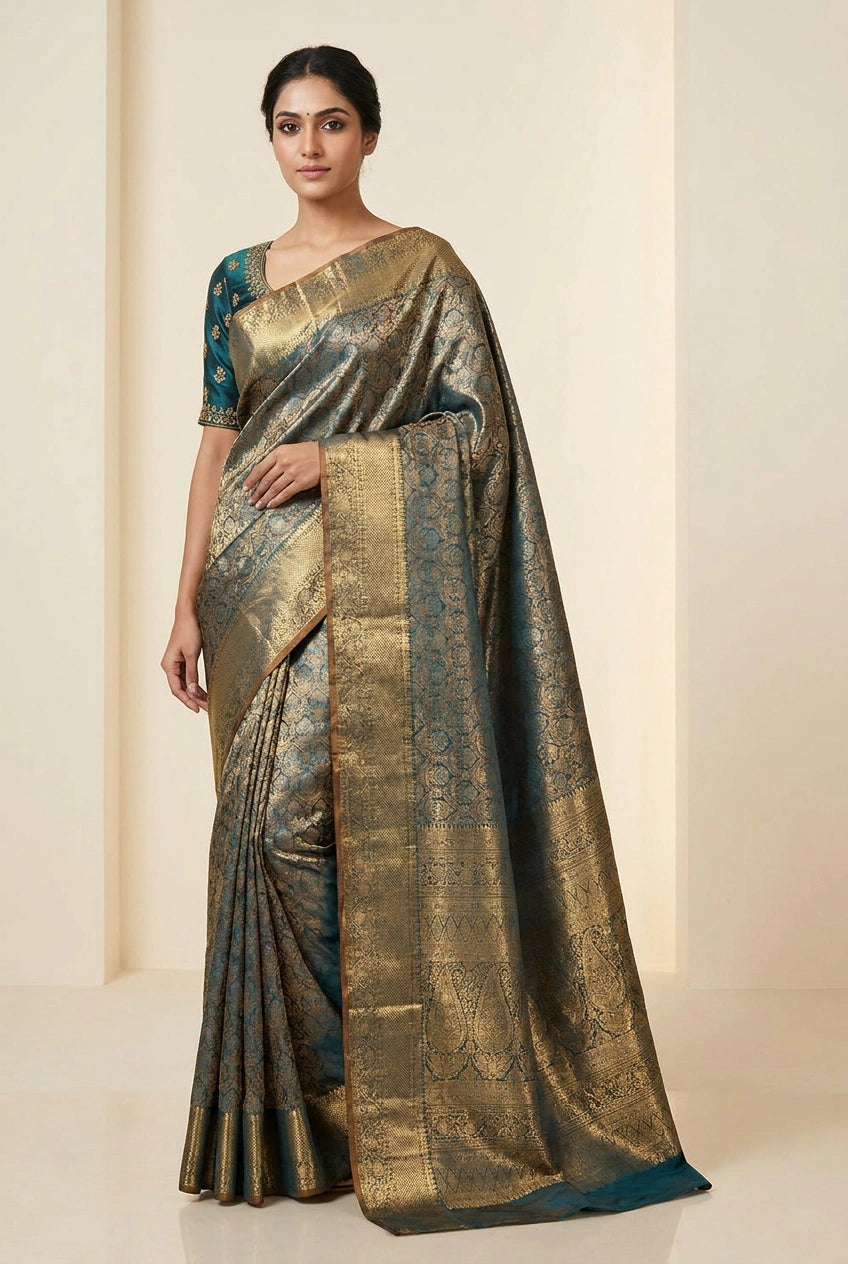 Firozi Blue Tissue South Saree with Tissue Zari for Festive Wear