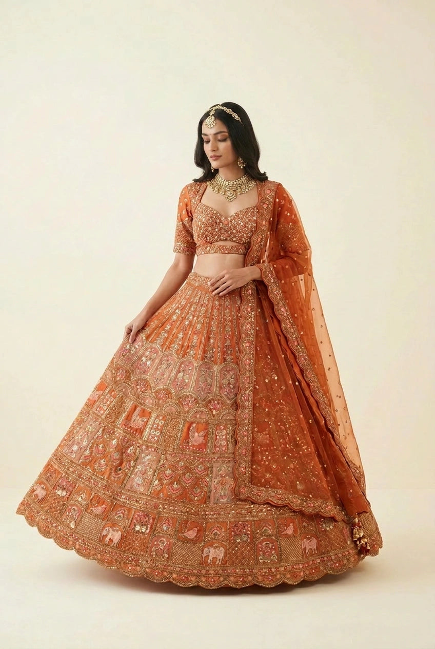 Rust Georgette Lehenga Set with Mirror Embroidery for Wedding Wear