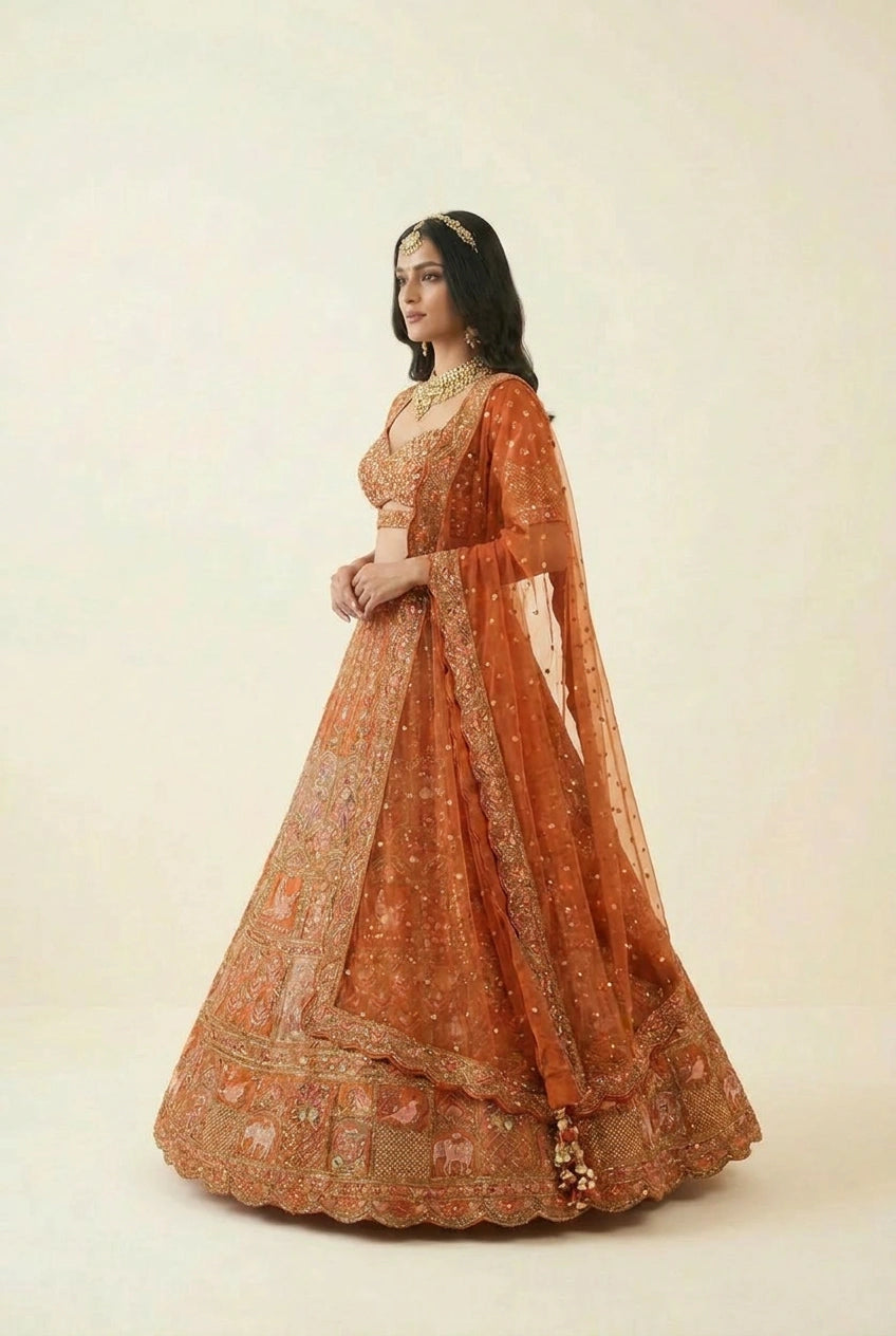 Rust Georgette Lehenga Set with Mirror Embroidery for Wedding Wear