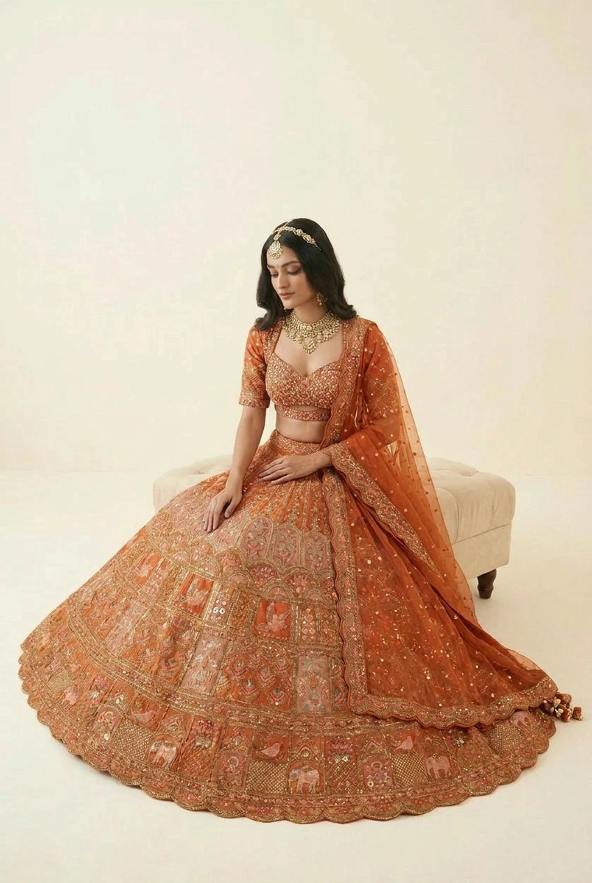 Rust Georgette Lehenga Set with Mirror Embroidery for Wedding Wear