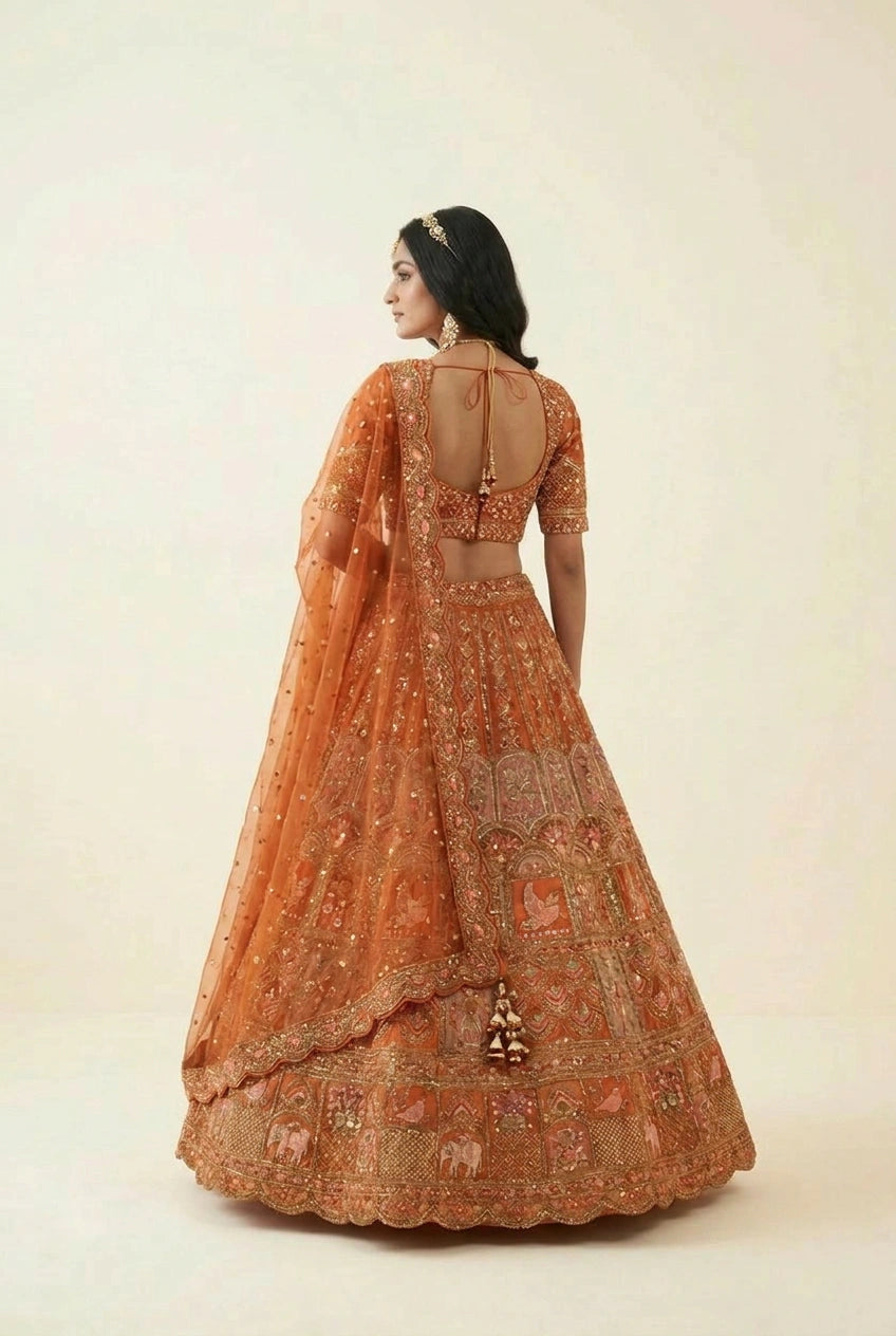 Rust Georgette Lehenga Set with Mirror Embroidery for Wedding Wear