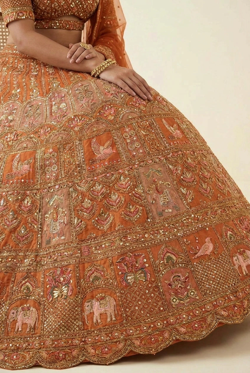 Rust Georgette Lehenga Set with Mirror Embroidery for Wedding Wear