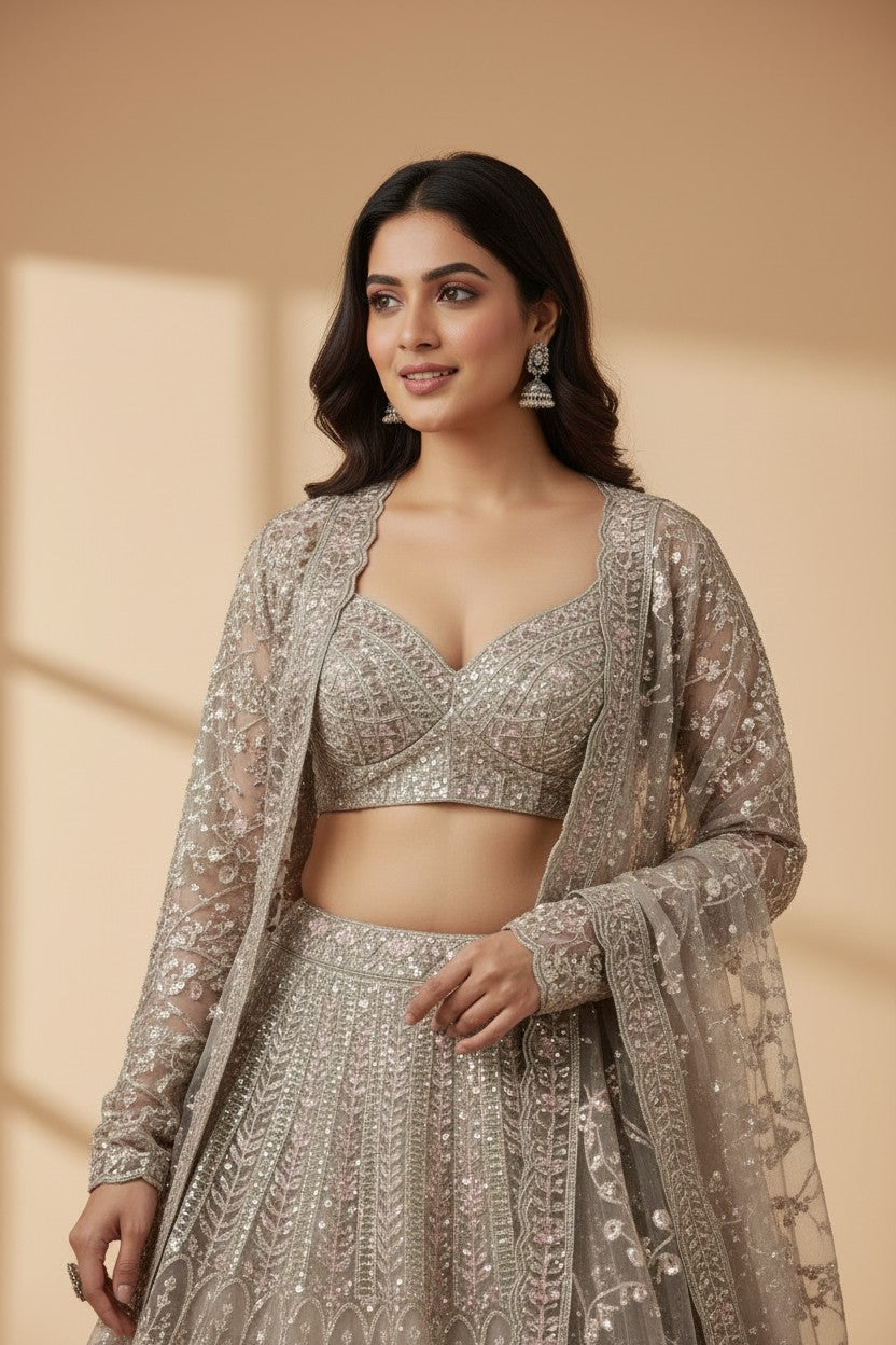 Artisan Embroidered Net Lehenga Choli Set - View 4 | Rangoli