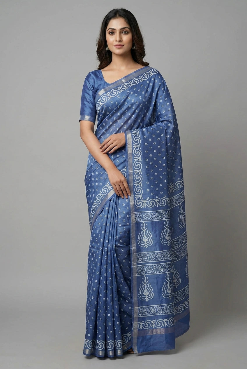 Woman wearing a blue saree with white patterns on a gray background