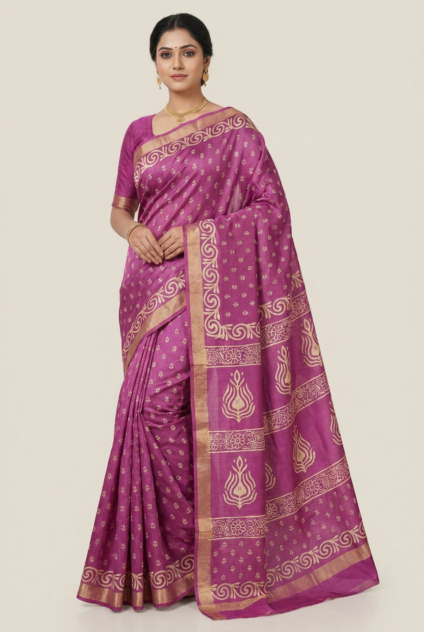 Woman wearing a purple saree with gold patterns on a beige background