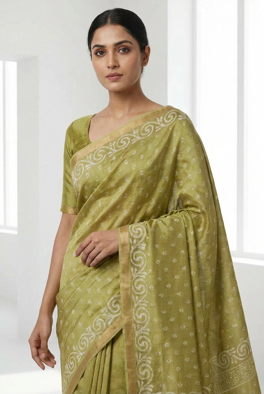 Woman wearing a green saree with white patterns in a bright room.