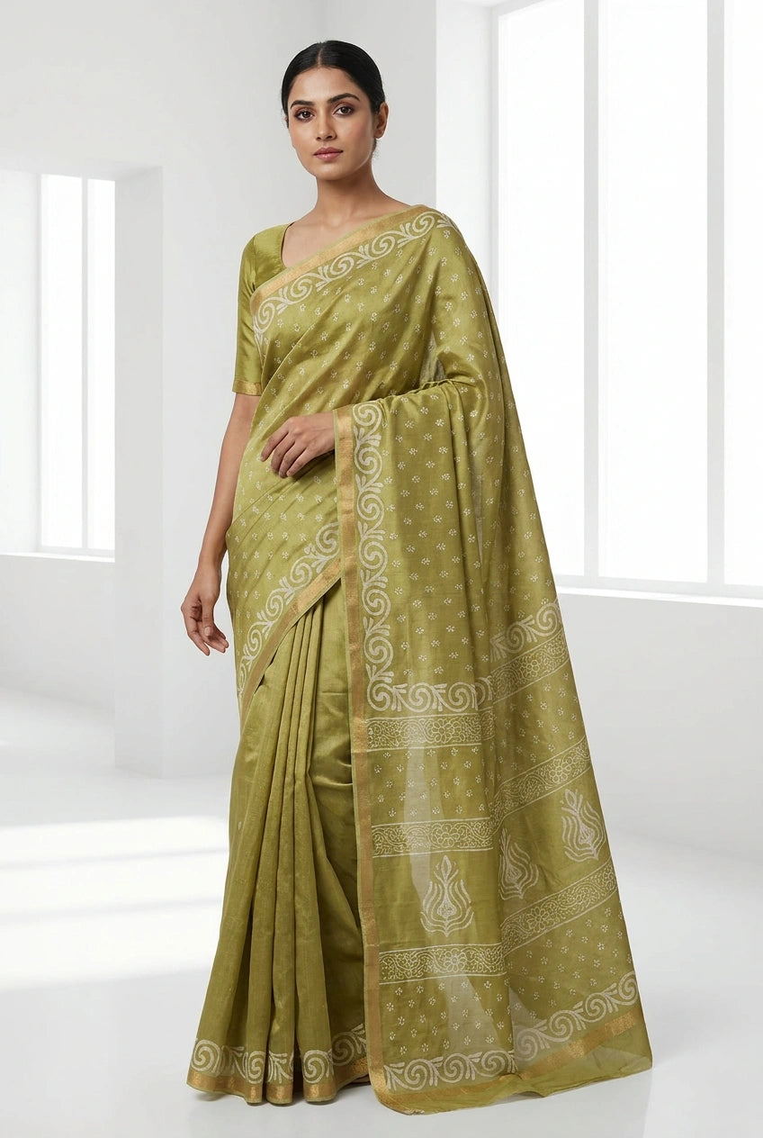 Woman wearing a green saree with white patterns in a bright room.
