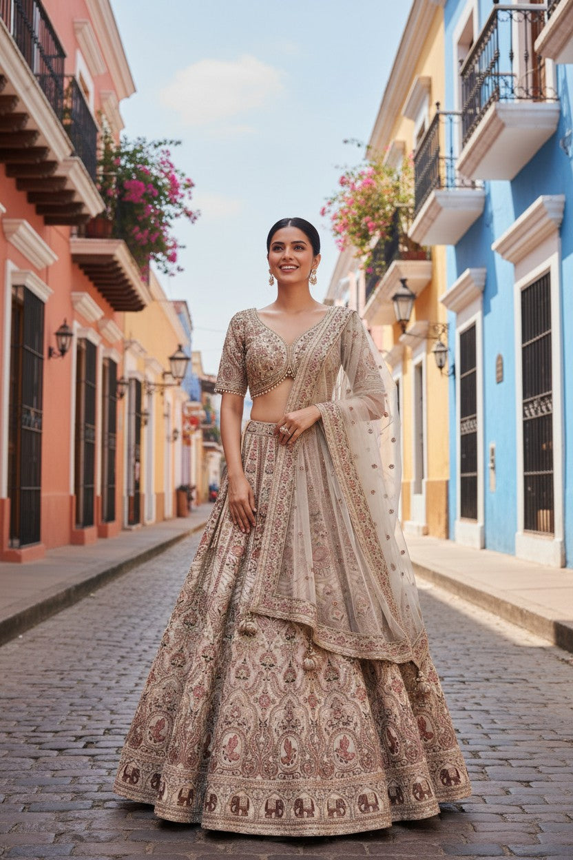 Beige Raw Silk Lehenga Set with Zari Border for Summer Wedding