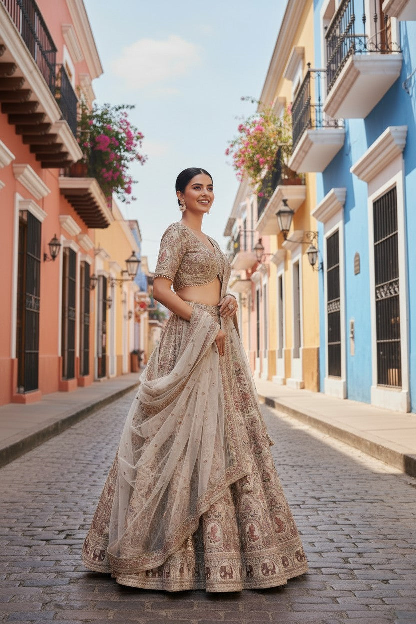 Beige Raw Silk Lehenga Set with Zari Border for Summer Wedding