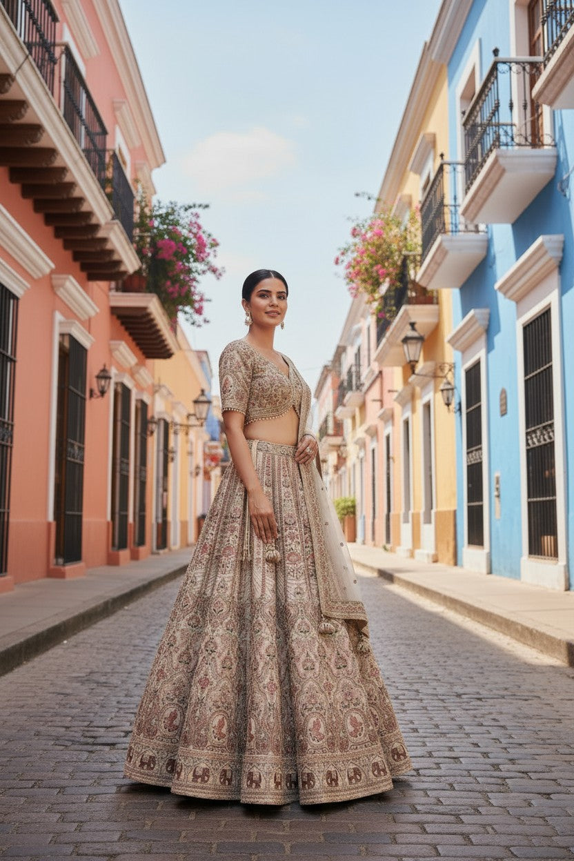 Beige Raw Silk Lehenga Set with Zari Border for Summer Wedding
