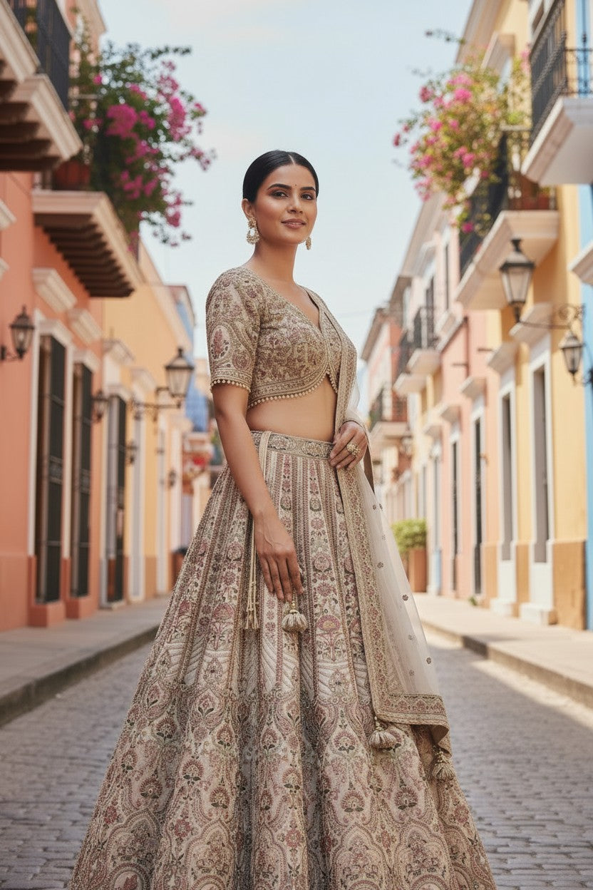 Beige Raw Silk Lehenga Set with Zari Border for Summer Wedding