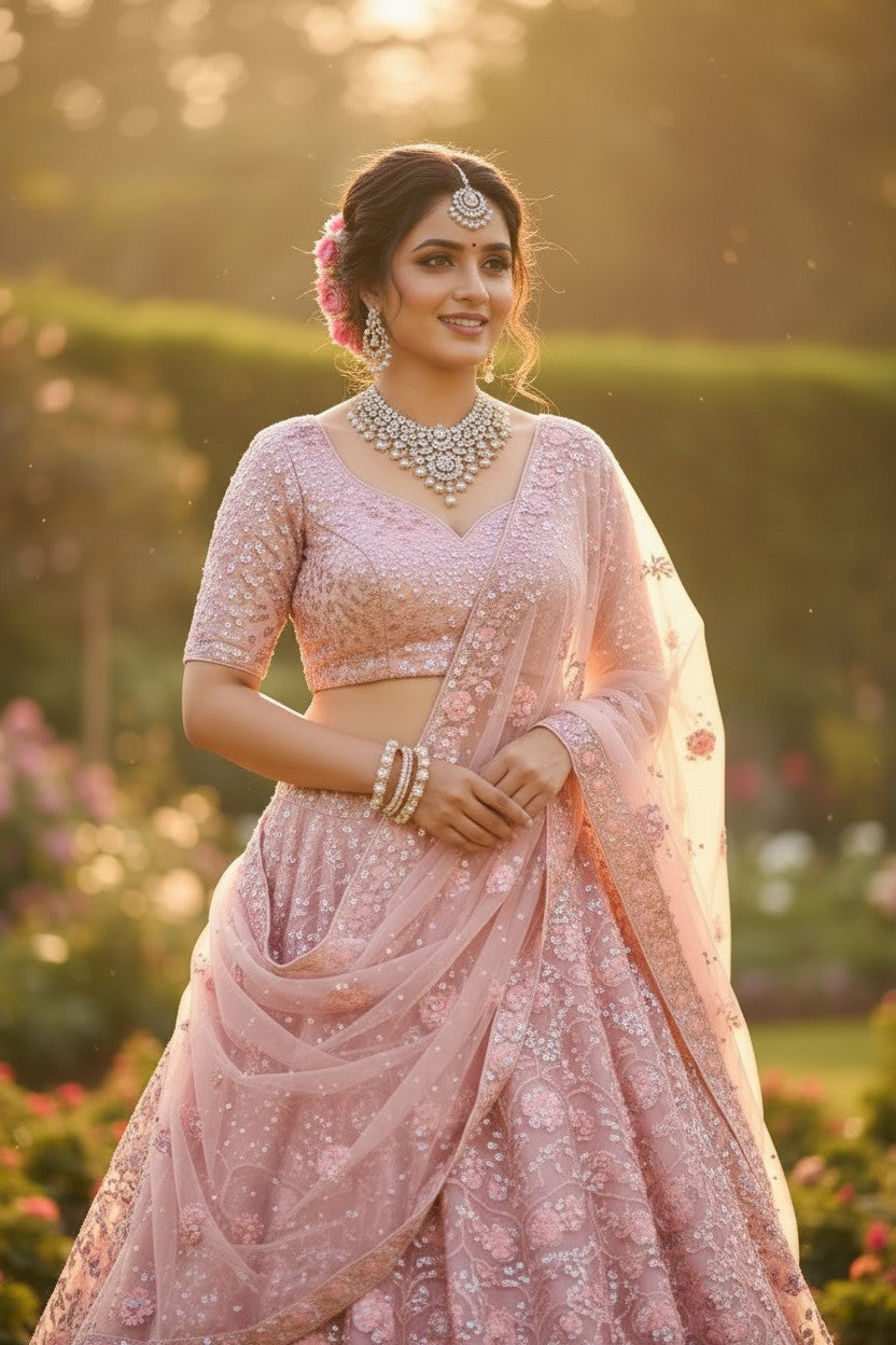 Bridal Embroidered Net Lehenga Choli Set - View 4 | Rangoli