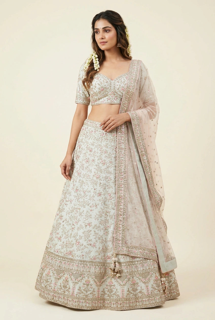 Sea Green Raw Silk Lehenga Set for Festive Reception