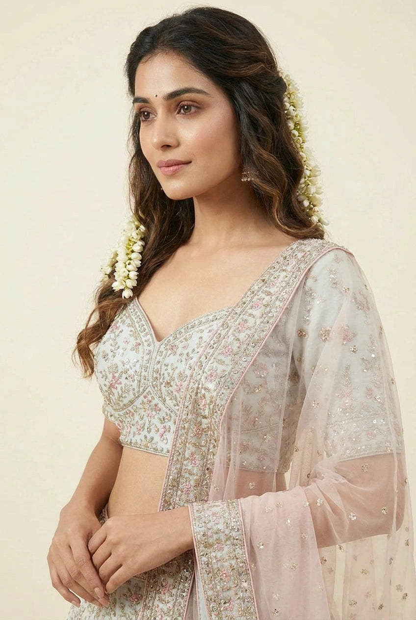 Sea Green Raw Silk Lehenga Set for Festive Reception