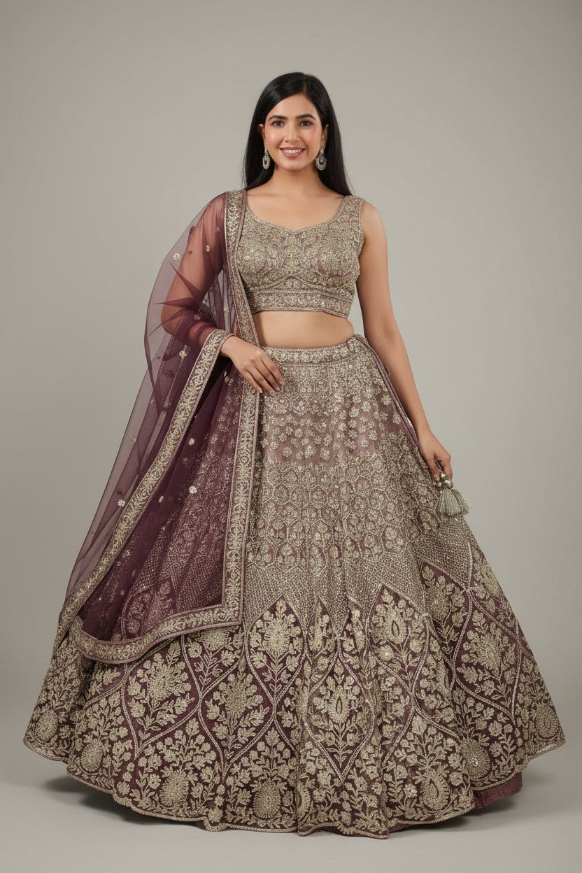 Designer Embroidered Net Lehenga Choli Set - Peach | Rangoli