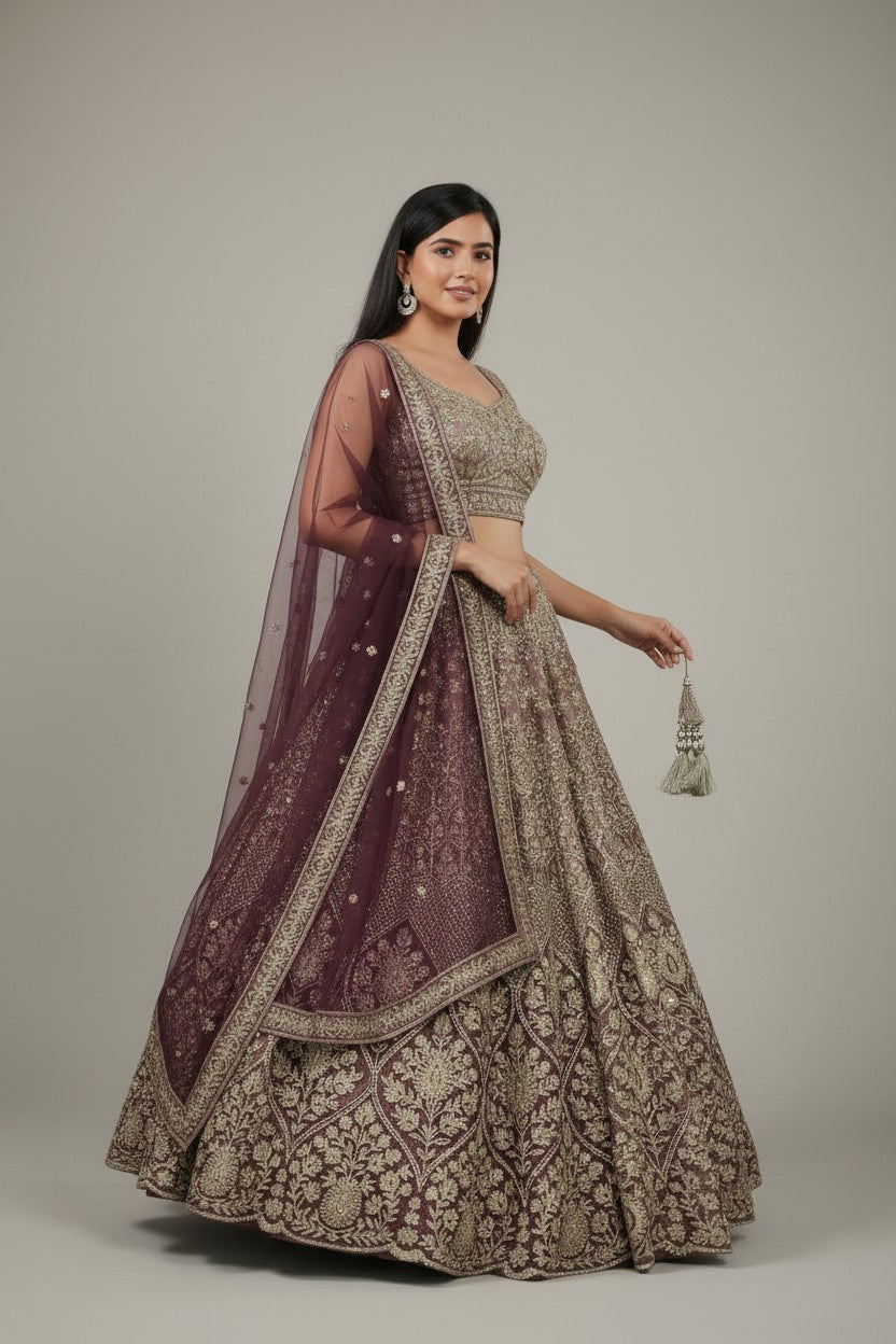 Designer Embroidered Net Lehenga Choli Set - Mauve | Rangoli