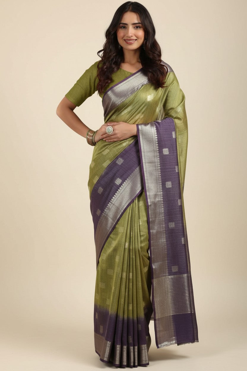 Handcrafted Pure Tussar Silk Chapa Weave Handloom Saree - Pista Green/Mauve | Rangoli