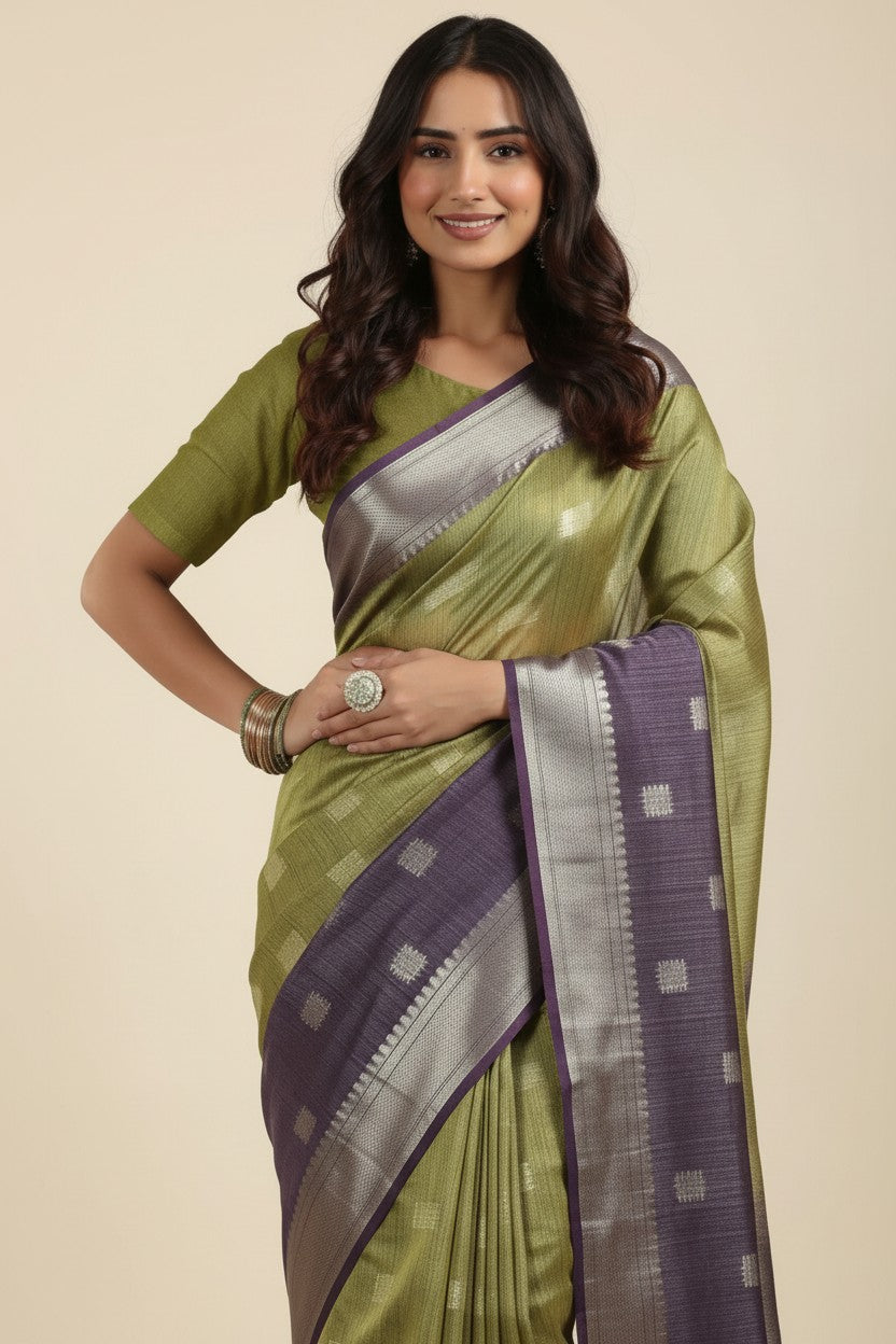 Handcrafted Pure Tussar Silk Chapa Weave Handloom Saree - Mauve/Grey | Rangoli