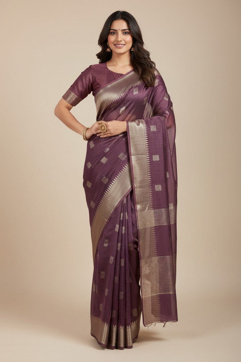 Handcrafted Pure Tussar Silk Chapa Weave Handloom Saree - Pink/Pista | Rangoli