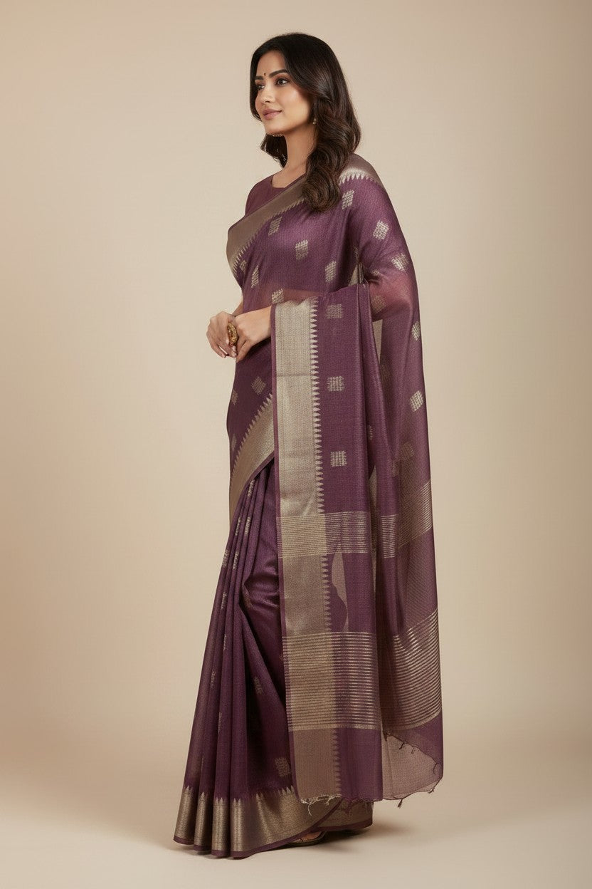 Handcrafted Pure Tussar Silk Chapa Weave Handloom Saree - Pista Green/Mustard | Rangoli