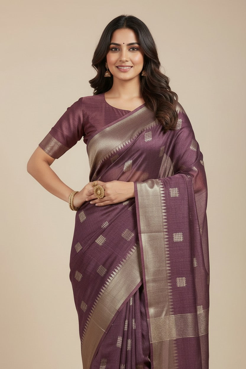 Handcrafted Pure Tussar Silk Chapa Weave Handloom Saree - Grey/Onion | Rangoli