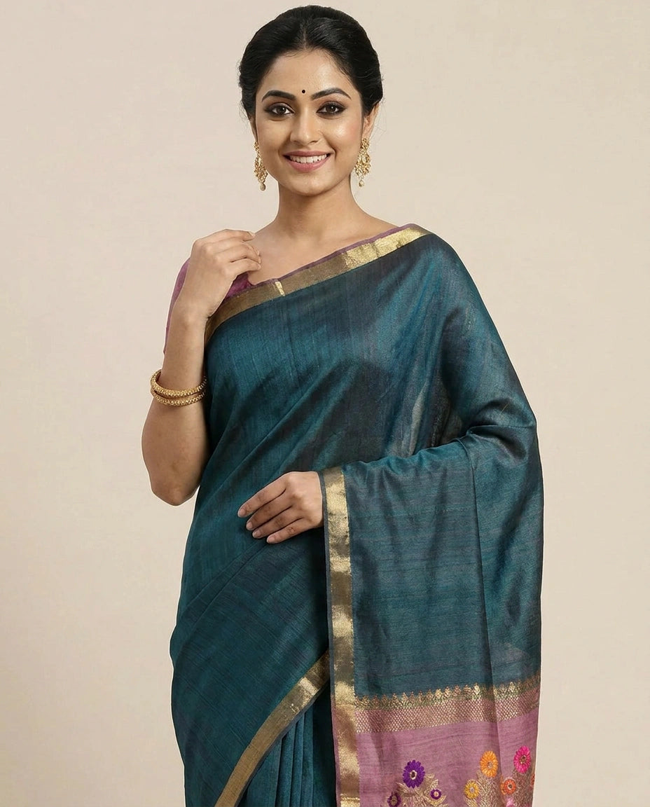 Tussar Silk Banarasi Saree with Woven Border - Rangoli India