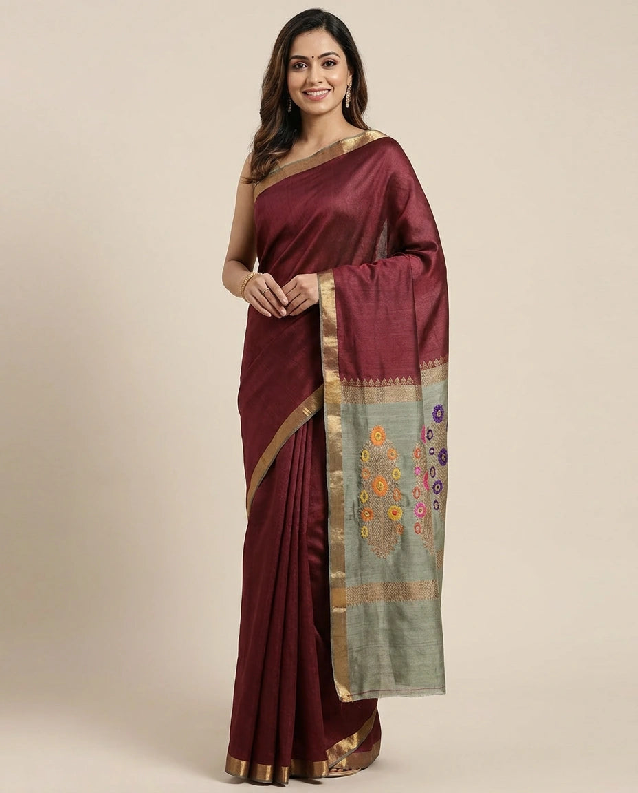 Tussar Silk Banarasi Saree with Woven Border - Rangoli India